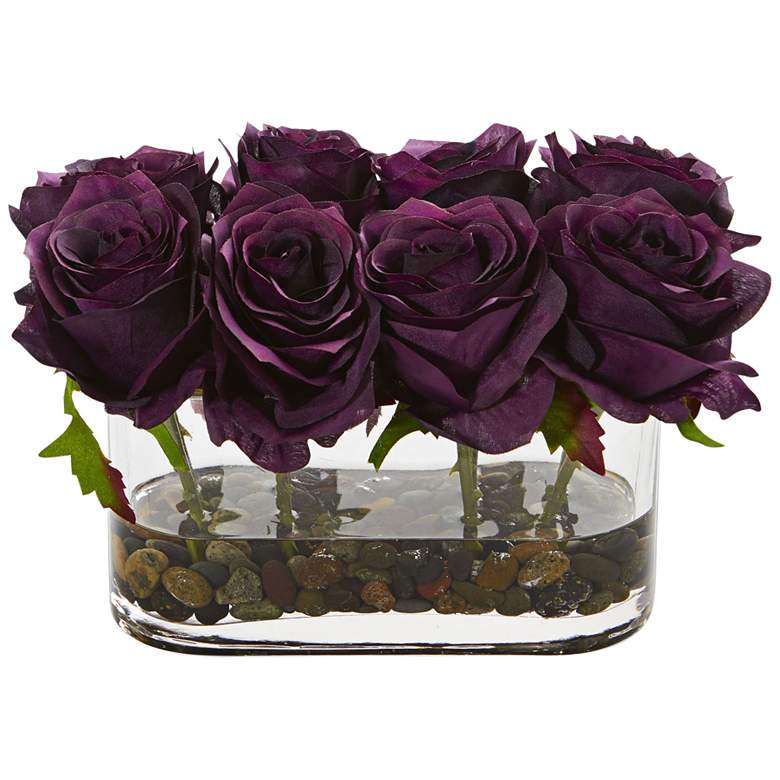 Image 1 Purple Blooming Roses 8 1/2 inch Wide Faux Flowers in Glass Vase