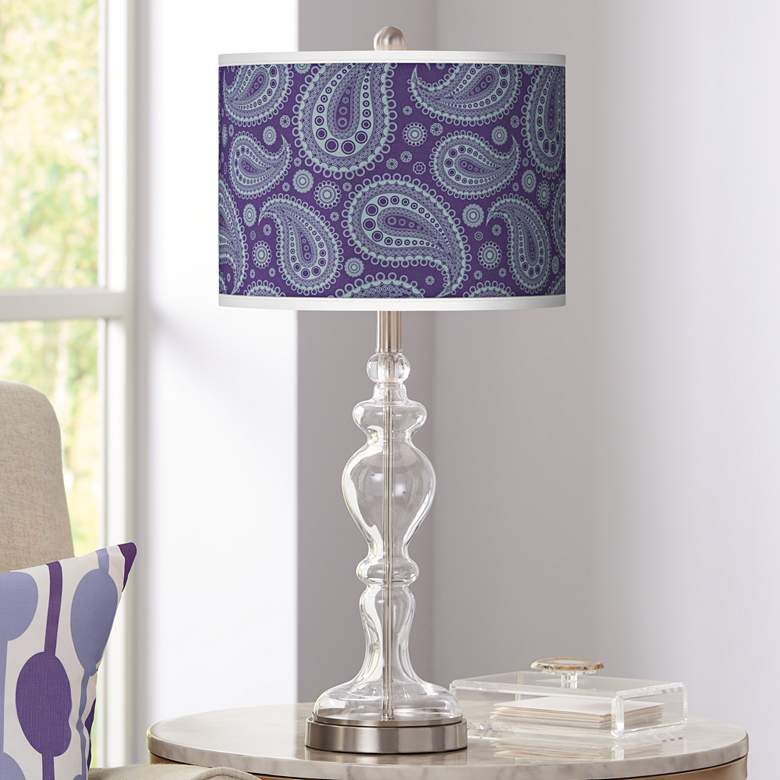 Image 1 Purple Paisley Linen Apothecary Clear Glass Table Lamp