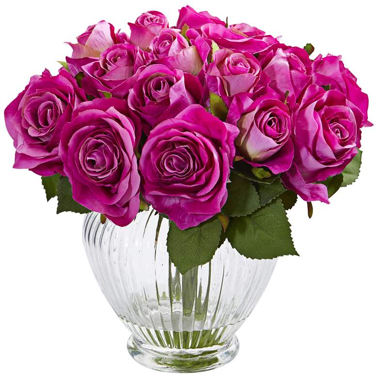 Image 1 Purple Rose 10" Wide Faux Flowers in Round Glass Vase