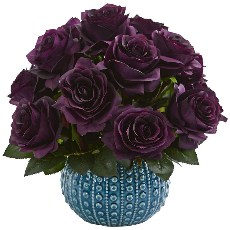 Image 1 Purple Rose 11 1/2" Wide Faux Flowers in Blue Ceramic Vase