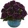 Purple Rose 11 1/2" Wide Faux Flowers in Blue Ceramic Vase