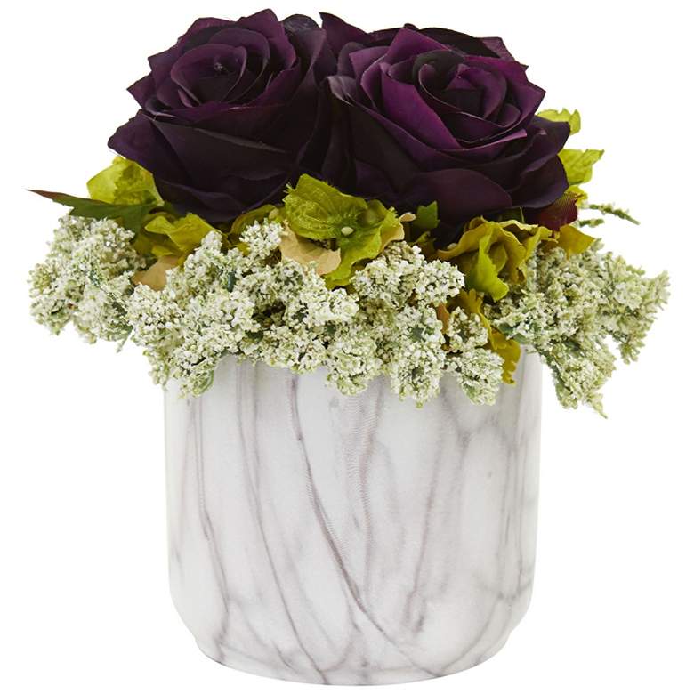 Image 1 Purple Rose and Hydrangea 8"H Faux Flowers in Marble Vase