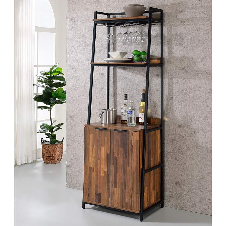 Image 1 Quevo 24 3/4 inchW Oak Wood Black Metal 3-Shelf Wine Cabinet 