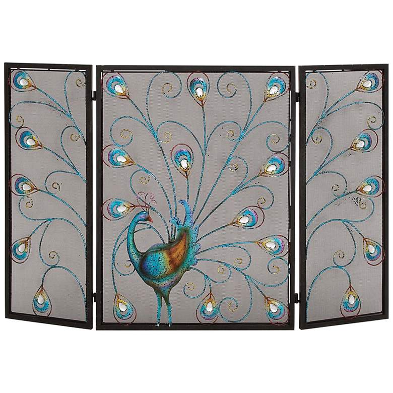Image 2 Quill Black Metal 32" High 3-Panel Peacock Fireplace Screen