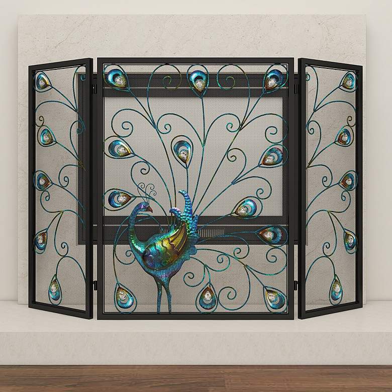 Image 1 Quill Black Metal 32" High 3-Panel Peacock Fireplace Screen