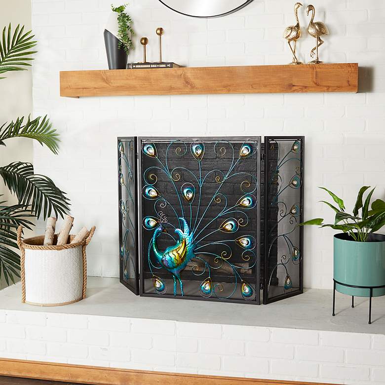 Image 3 Quill Black Metal 32" High 3-Panel Peacock Fireplace Screen more views