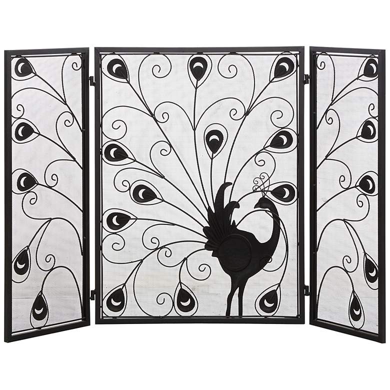 Image 7 Quill Black Metal 32" High 3-Panel Peacock Fireplace Screen more views