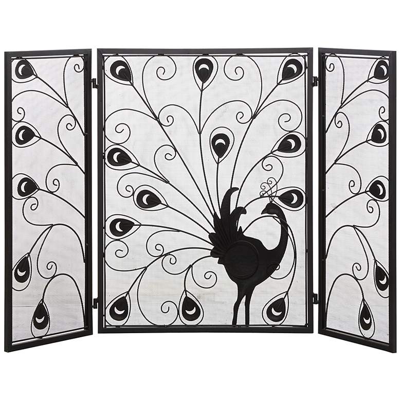 Image 7 Quill Black Metal 32" High 3-Panel Peacock Fireplace Screen more views