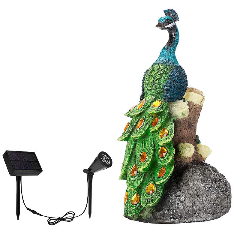 Image 1 Quills 12"H Multi-Color Outdoor Peacock Statue w/ Spotlight