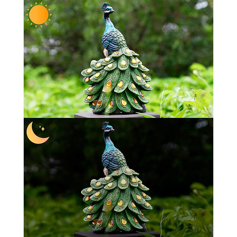 Image 6 Quills 12"H Multi-Color Outdoor Peacock Statue w/ Spotlight more views