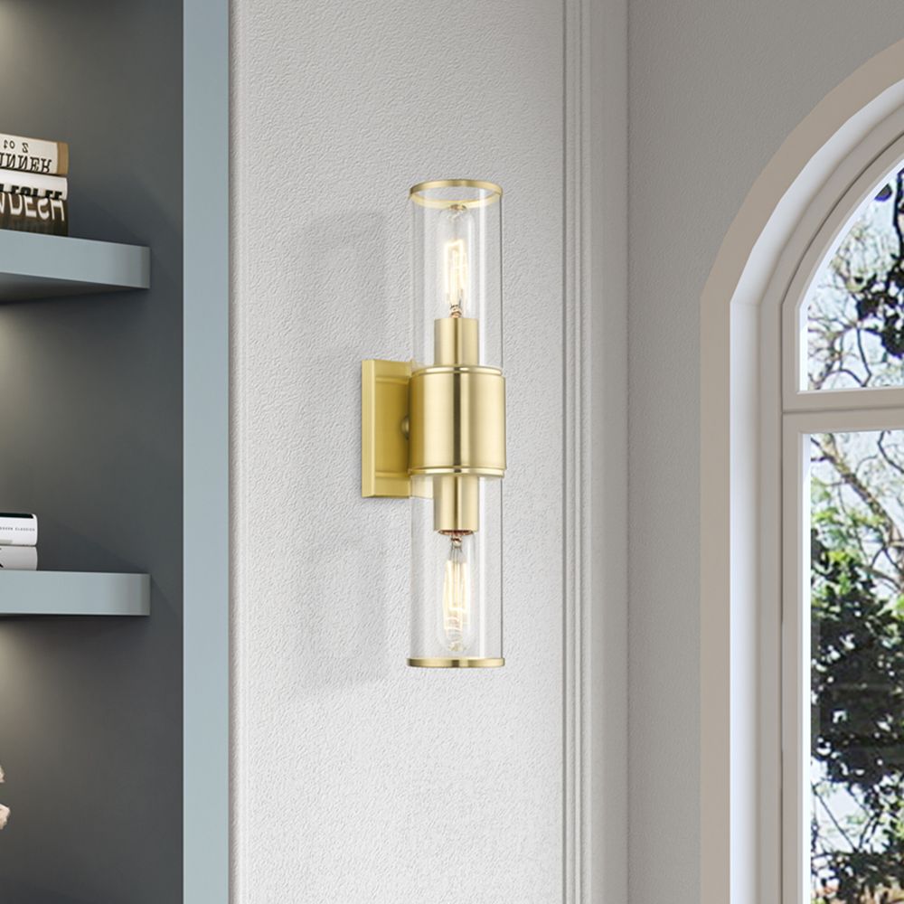 Quincy 16" High Satin Brass and Clear Glass 2-Light Wall Sconce
