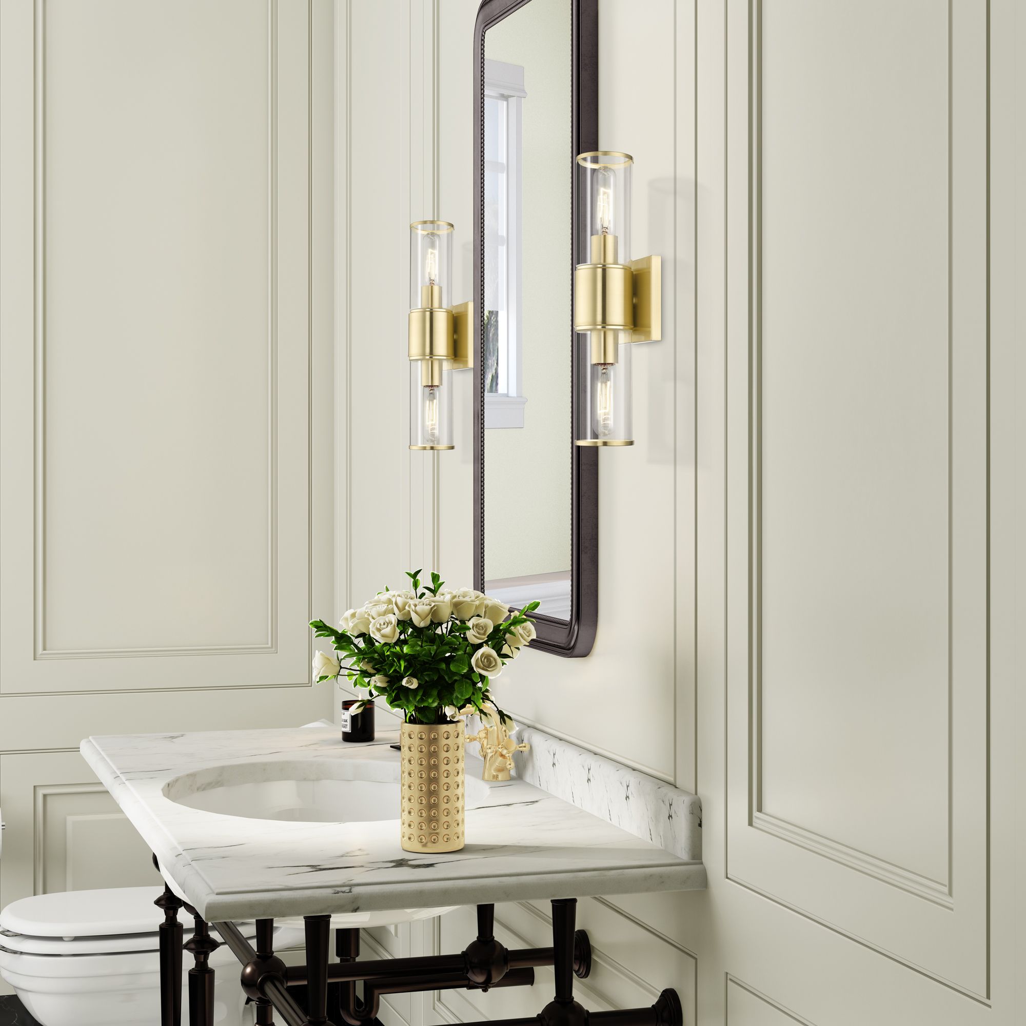 Quincy 16" High Satin Brass and Clear Glass 2-Light Wall Sconce