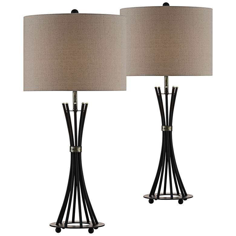 Image 1 Quinn Modern Bronze Banded Rods Metal Table Lamps Set of 2