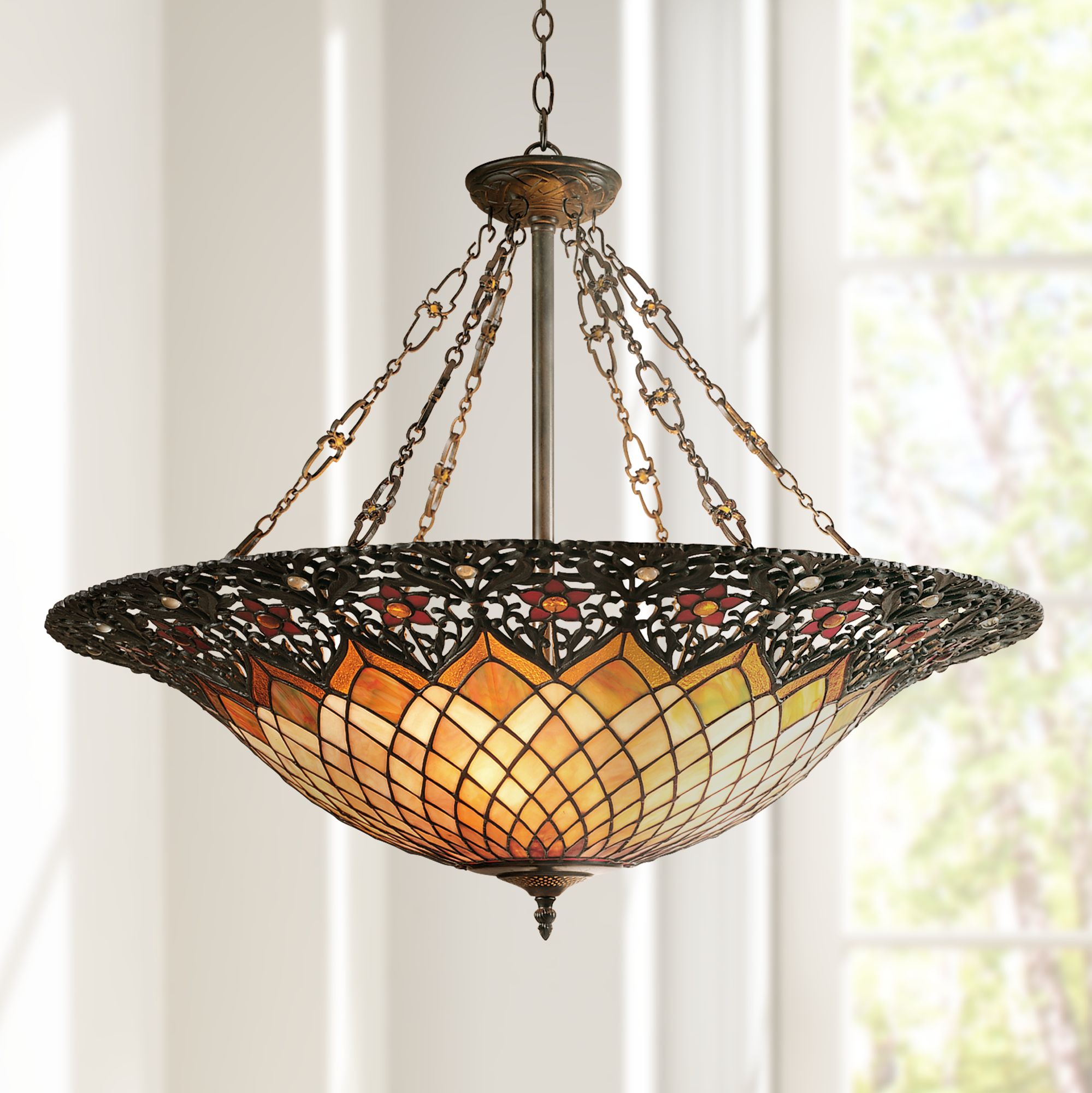 Quoizel Adriana 31 1 2 Bronze 6 Light Tiffany Style Glass Pendant