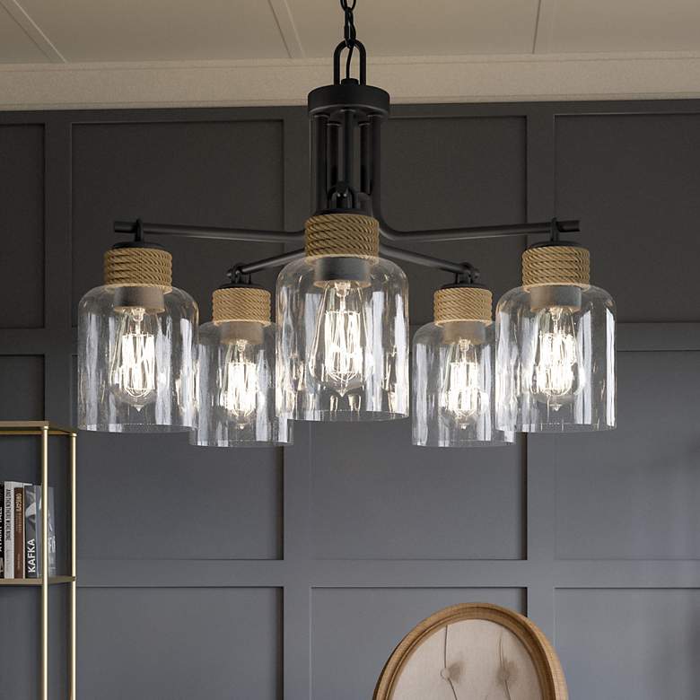 Image 2 Quoizel Baltic 25 1/2" Matte Black Glass and Rope 5-Light Chandelier
