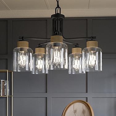 Quoizel Baltic 25 1/2" Matte Black Glass and Rope 5-Light Chandelier