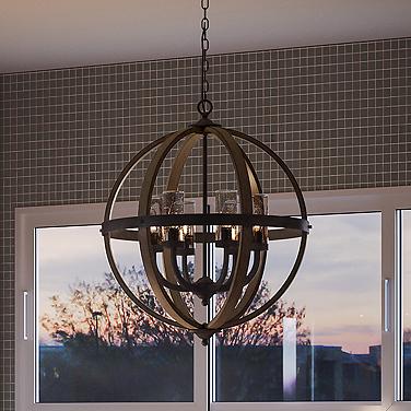 Quoizel Fusion 24 3/4" Wide Black and Wood 6-Light Pendant Light