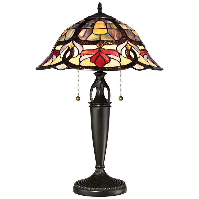 Image 1 Quoizel Garland Vintage Bronze Tiffany Style Art Glass Table Lamp