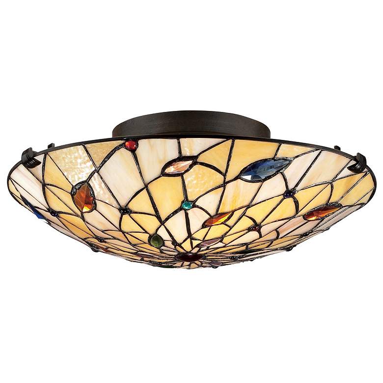 Image 1 Quoizel Graham 16.5 inch Wide Bronze and Tiffany Style Glass Ceiling Light