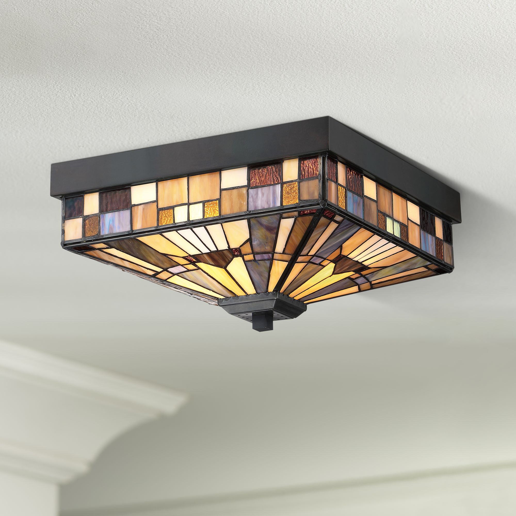 Quoizel Inglenook 14" Wide Tiffany Style Mission Glass Ceiling Light ...