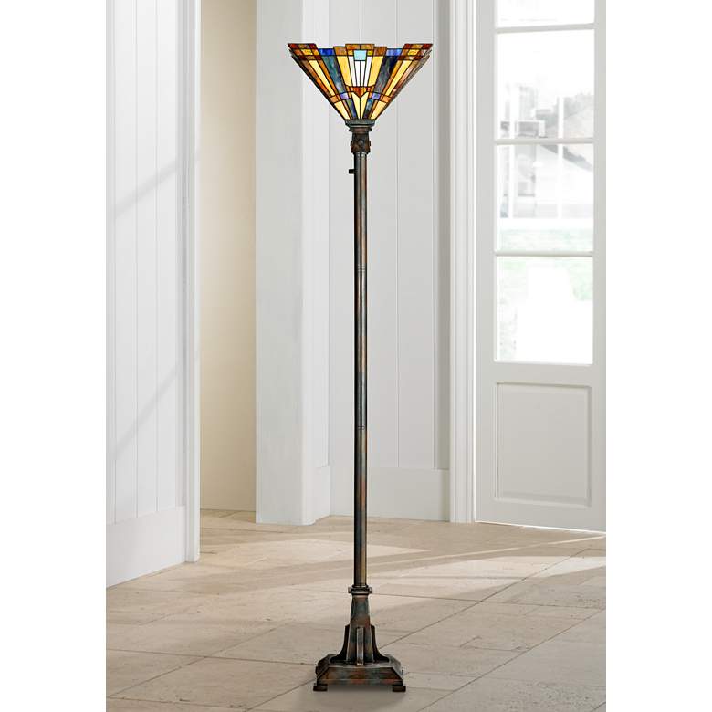 Quoizel Inglenook 73&quot; High Tiffany-Style Glass Bronze Floor Torchiere