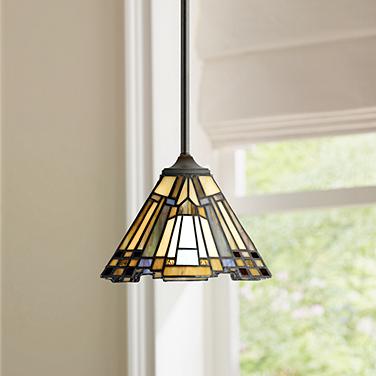 Quoizel Inglenook 8" Wide Mission Tiffany Style Art Glass Mini Pendant
