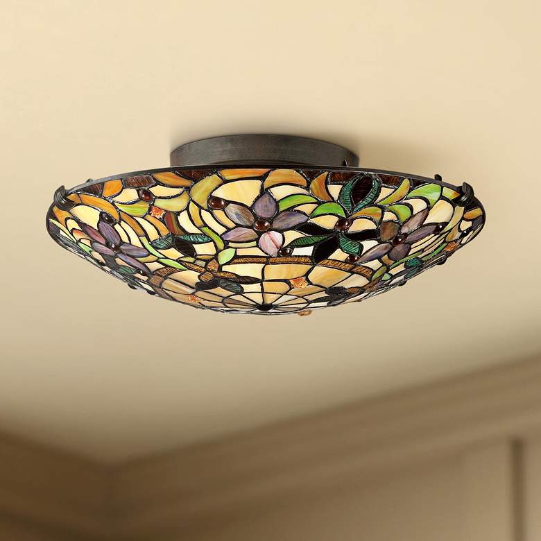 Image 1 Quoizel Kami 17" Wide Vintage Bronze Tiffany Style Glass Ceiling Light