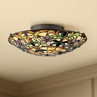 Quoizel Kami 17" Wide Vintage Bronze Tiffany Style Glass Ceiling Light