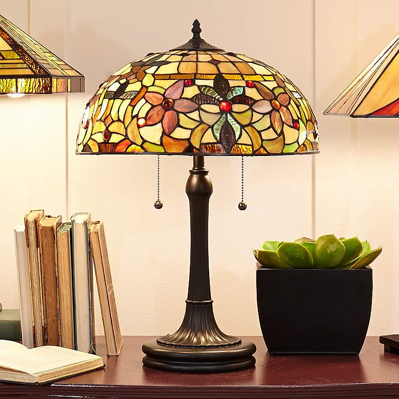 Image 1 Quoizel Kami Floral 23" Vintage Bronze Tiffany-Style Glass Table Lamp