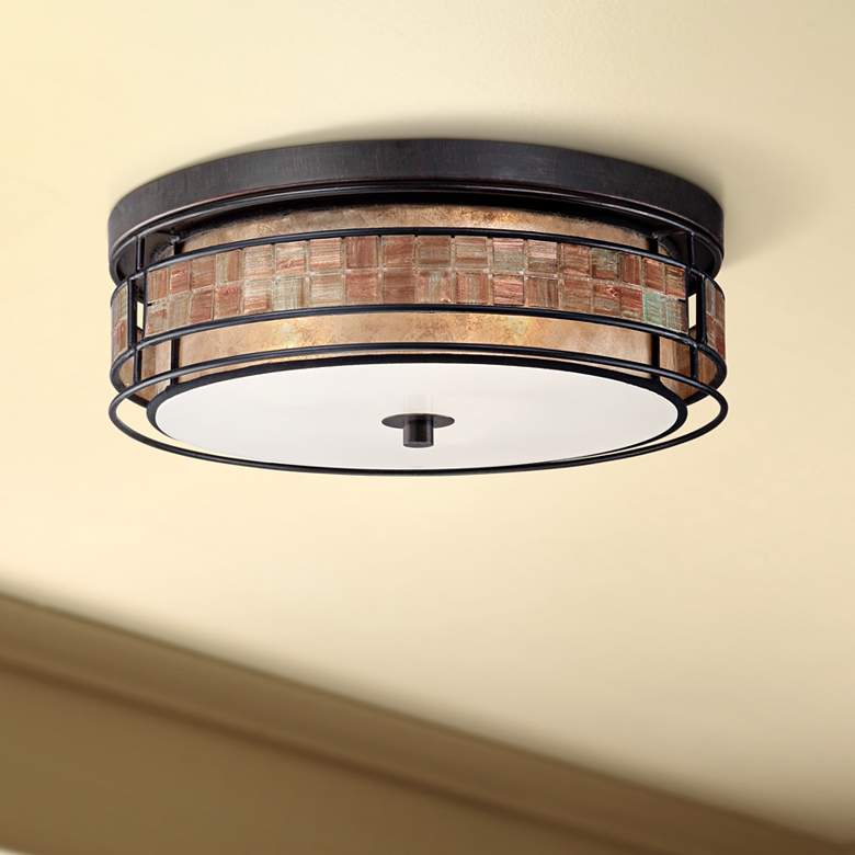 Quoizel Laguna 16&quot; Wide Copper Tile and Mica Glass Ceiling Light