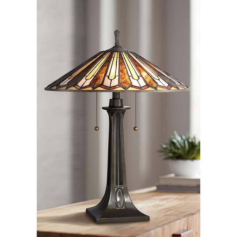 Image 1 Quoizel Lance Tiffany Style Art Glass Bronze Table Lamp