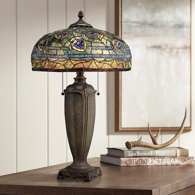 Image 1 Quoizel Lynch 26" Tiffany-Style Peacock Glass Table Lamp