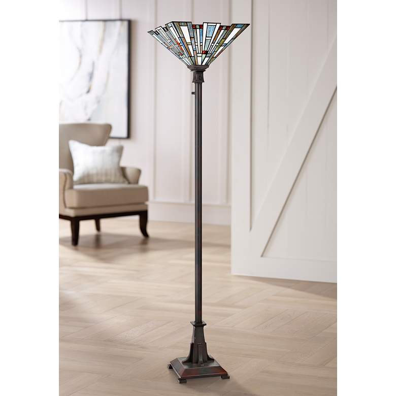 Image 1 Quoizel Maybeck 71" Valiant Bronze Tiffany-Style Torchiere Floor Lamp