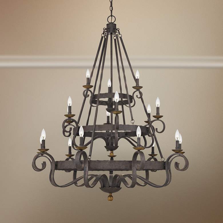 Image 1 Quoizel Noble 48 inchW Rustic Black 18-Light 3-Tier Chandelier