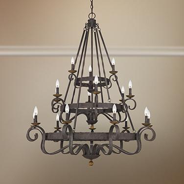 Quoizel Noble 48" Wide Rustic Black 18-Light 3-Tier Scroll Chandelier