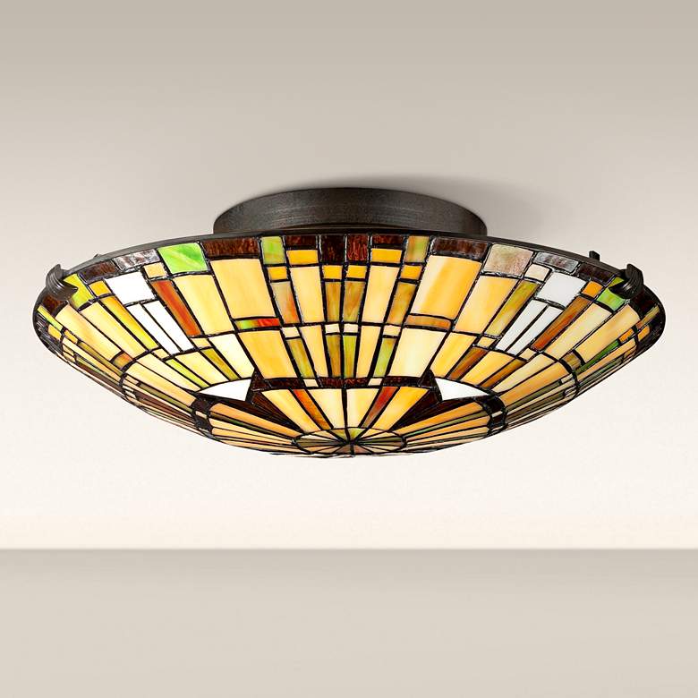 Quoizel Reed 17&quot; Wide Vintage Bronze Tiffany-Style Ceiling Light