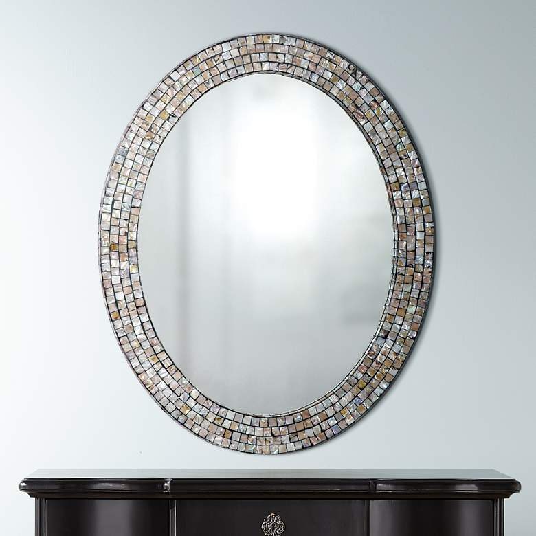 Image 1 Quoizel Sage Shell Mosaic 24 inch x 30 inch Oval Wall Mirror