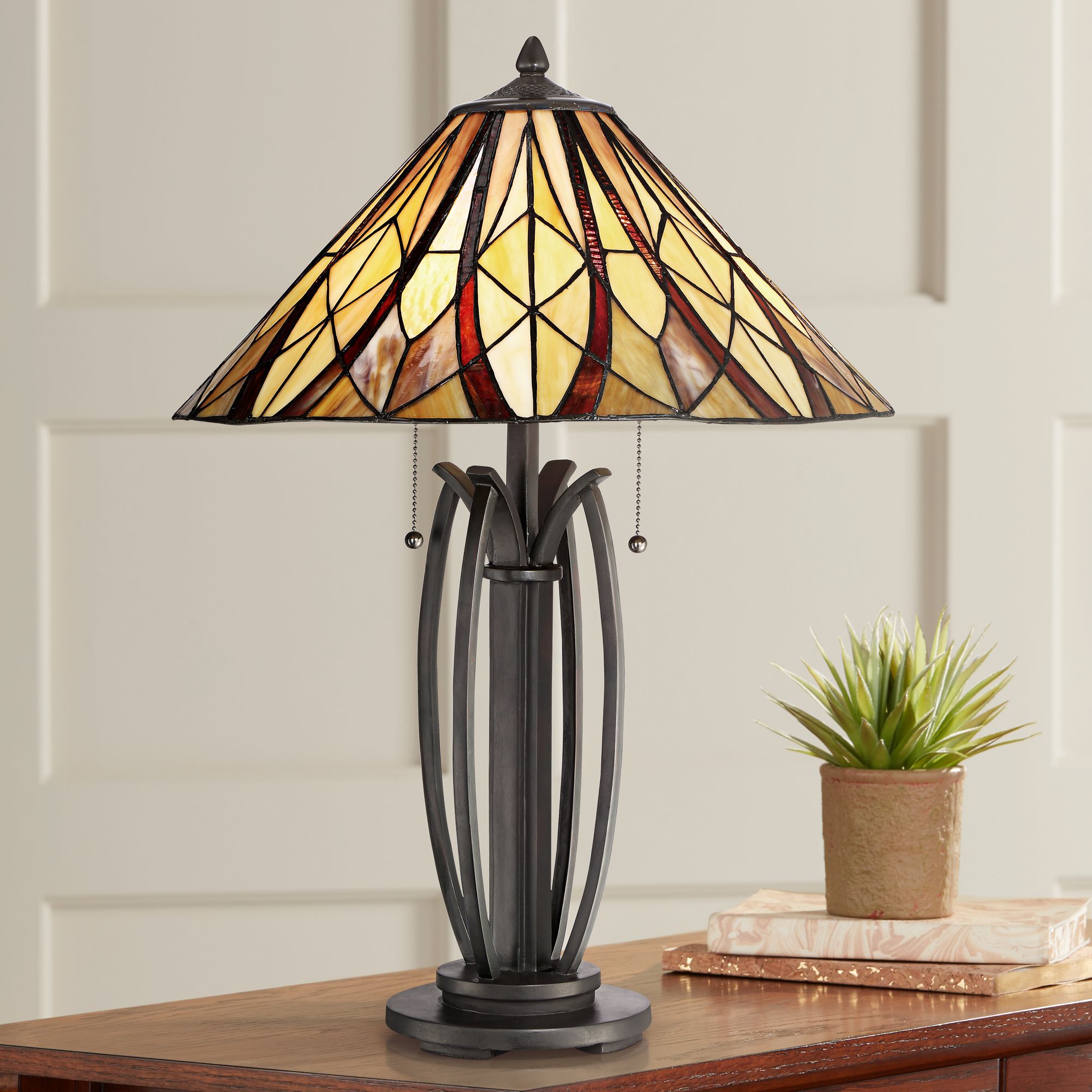 Quoizel Victory Tiffany-Style Bronze 2-Light Table Lamp - #1M304