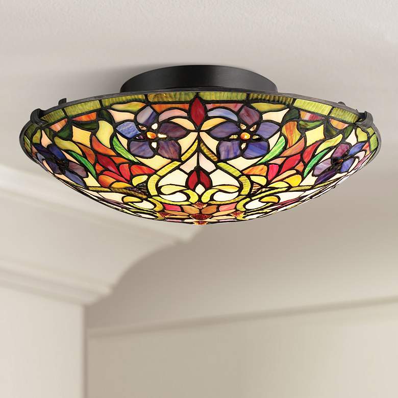Image 1 Quoizel Violets 16 1/4" Tiffany Style Dome Art Glass Ceiling Light