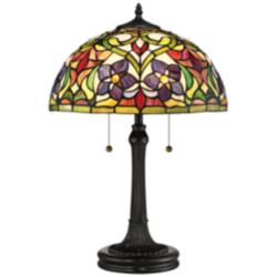 Quoizel Violets 23 1/2&quot; Vintage Bronze Tiffany-Style Art Glass Lamp