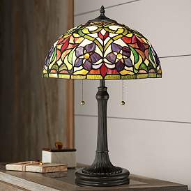 Image1 of Quoizel Violets 23 1/2" Vintage Bronze Tiffany-Style Art Glass Lamp