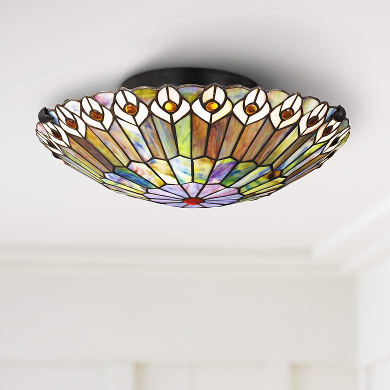 Image 1 Quoizel Watkins 16 1/2" Vintage Bronze Tiffany Style Ceiling Light