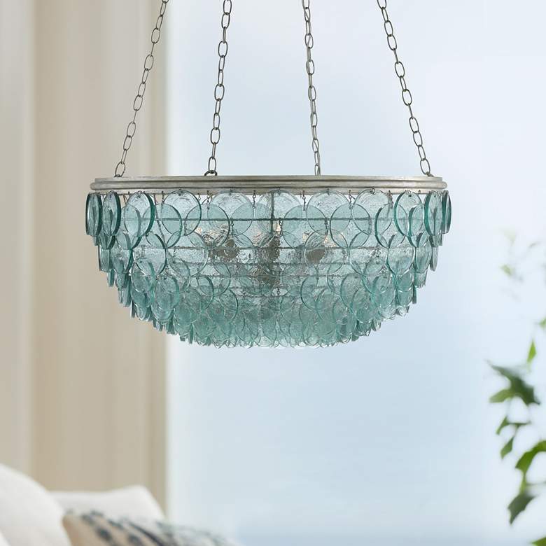 Image 1 Quorum 32 1/2" Wide Silver Leaf Turquoise Glass Chandelier