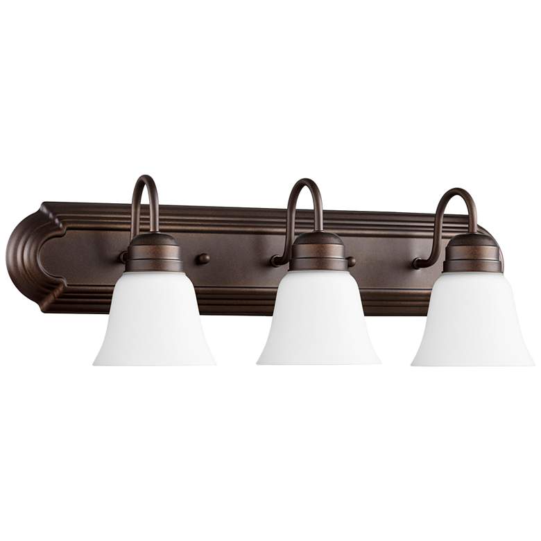 Image 1 Quorum International 3LT Oiled Bronze w Satin Opal Glass Vanity Light