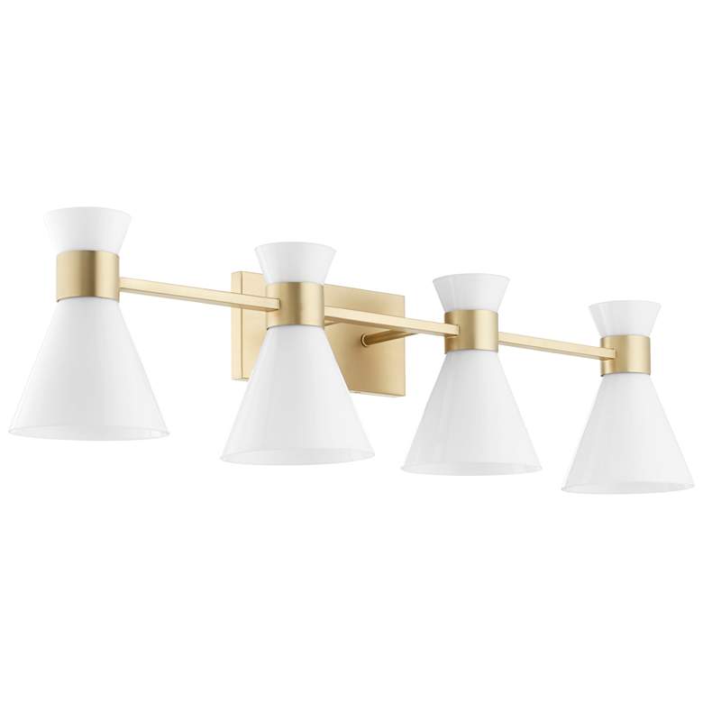 Image 1 Quorum International Beldar 4LT Aged Brass w Glass Opal Vanity Light