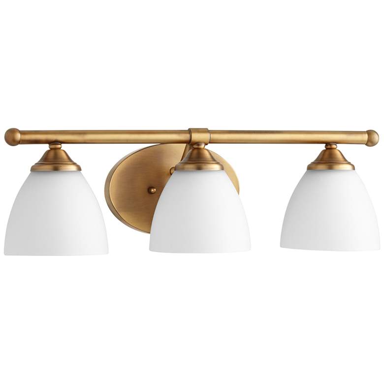 Image 1 Quorum International Brooks 3LT Aged Brass w Satin Opal Glass Vanity Light