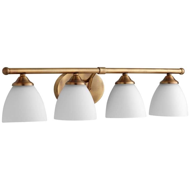 Image 1 Quorum International Brooks 4LT Aged Brass w Satin Opal Glass Vanity Light