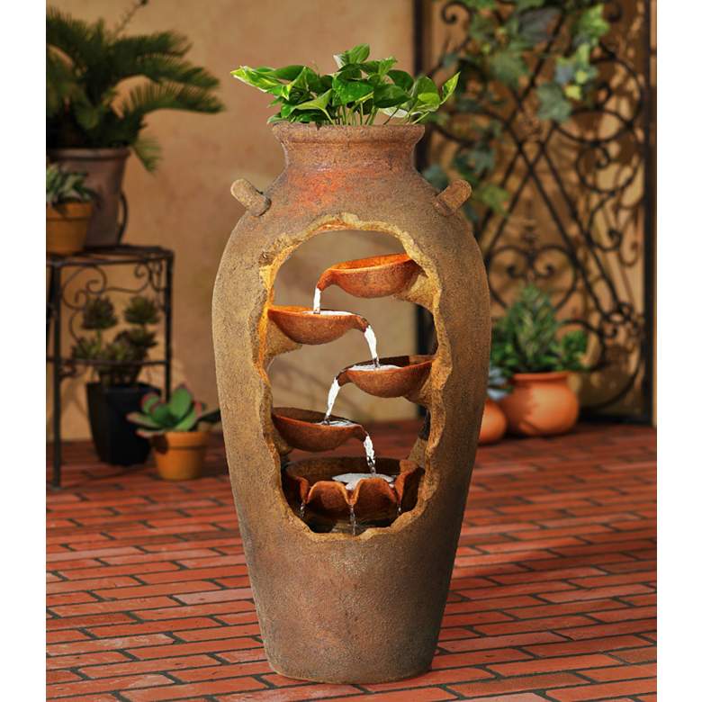 Image 1 Nathan Cascade 33" High Rustic Urn Fountain with Planter and LED Light in scene