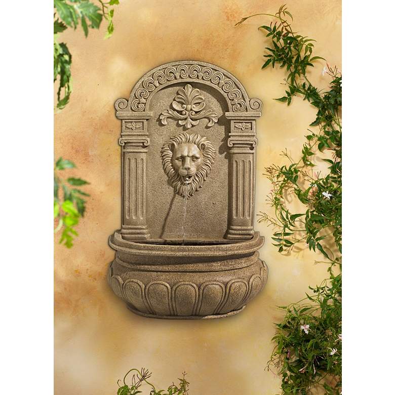 Image 1 Lion Face 31" High Sandstone Finish Wall Fountain in scene