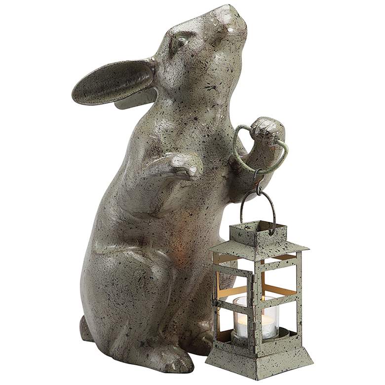 Image 1 Rabbit Lantern 14 1/2 inch High Speckled Aluminum Outdoor Statue
